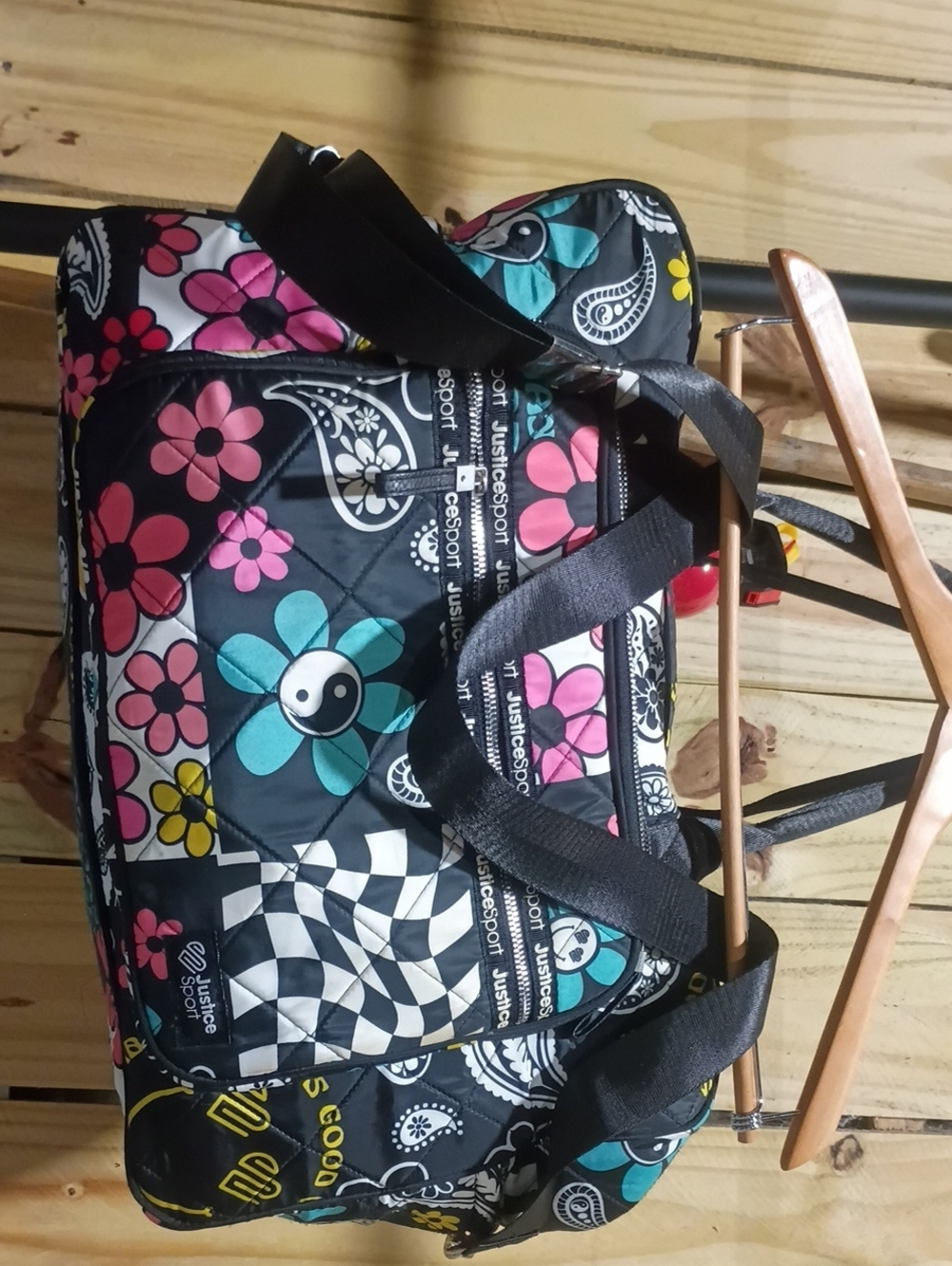 Justice Black Quilted Travel Tote with Pink, Teal & Yellow Floral Print